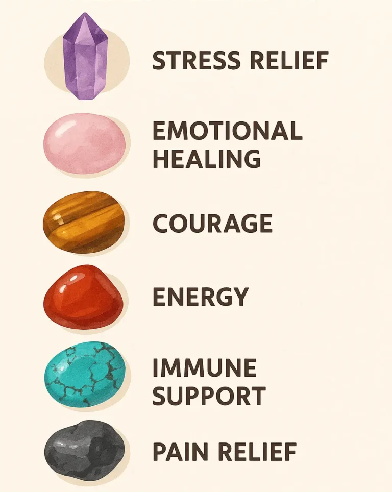 Gems and Crystals Power: 7 Life-Changing Benefits Unveiled! 3 Infographic showing the natural health benefits of stones and minerals, including amethyst for stress relief, rose quartz for emotional healing, tiger’s eye for courage, carnelian for energy, turquoise for immune support, and obsidian for pain relief. Vertical 9:16 layout with earthy tones and crystal illustrations