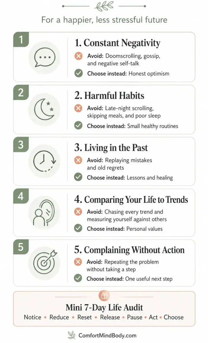 Infographic showing five things to avoid in life for a happier, less stressful future, including negativity, harmful habits, living in the past, comparison, and complaining without action.