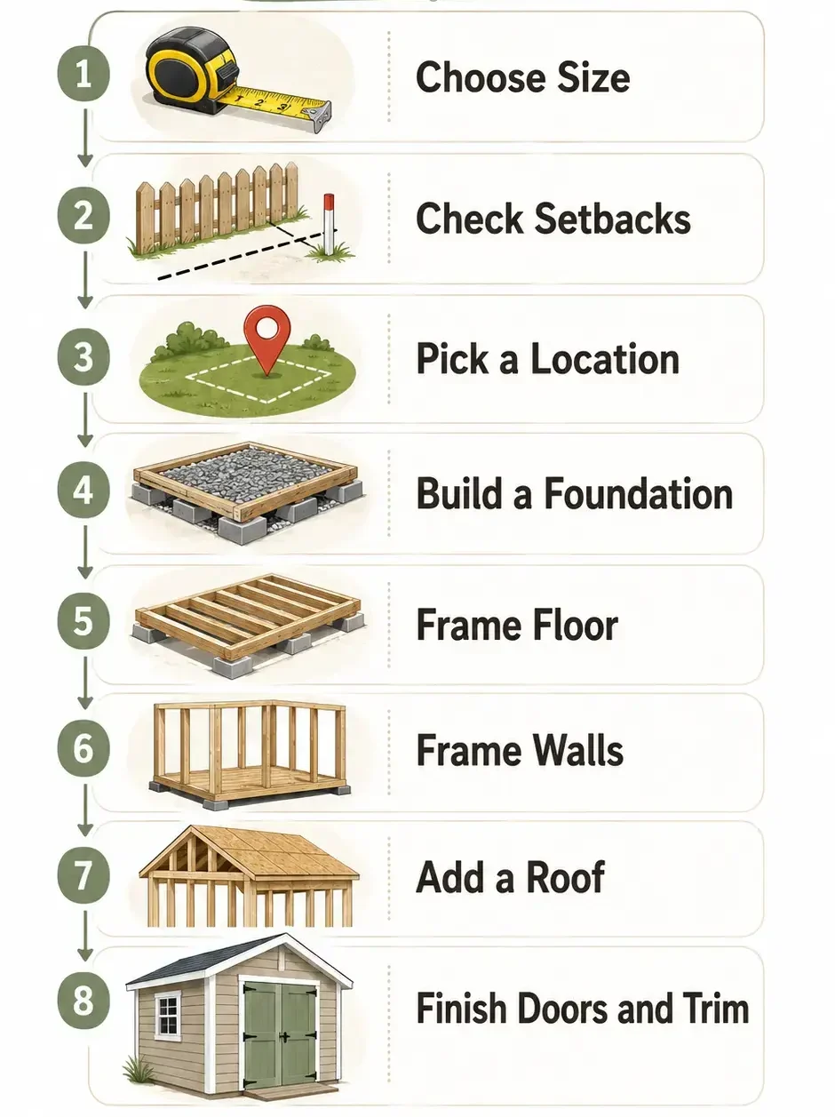 Step-by-step shed building infographic showing size, setbacks, location, foundation, floor, walls, roof, doors and trim.