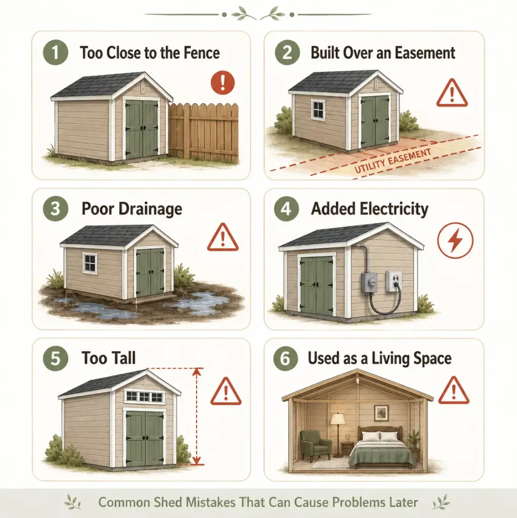 Infographic showing six shed mistakes that can lead to fines or removal, including setbacks, easements, drainage and utilities.