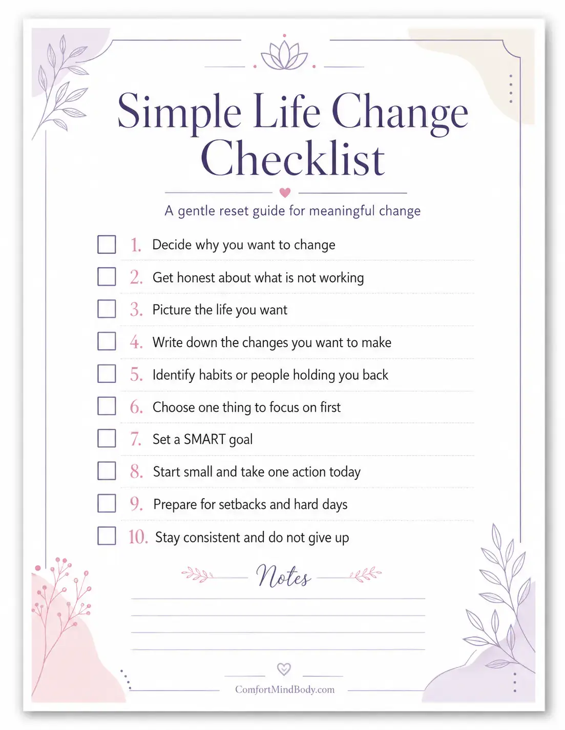 Simple Life Change Checklist printable with checkboxes, ten self-improvement steps, and a notes section in a clean lavender and blush design.