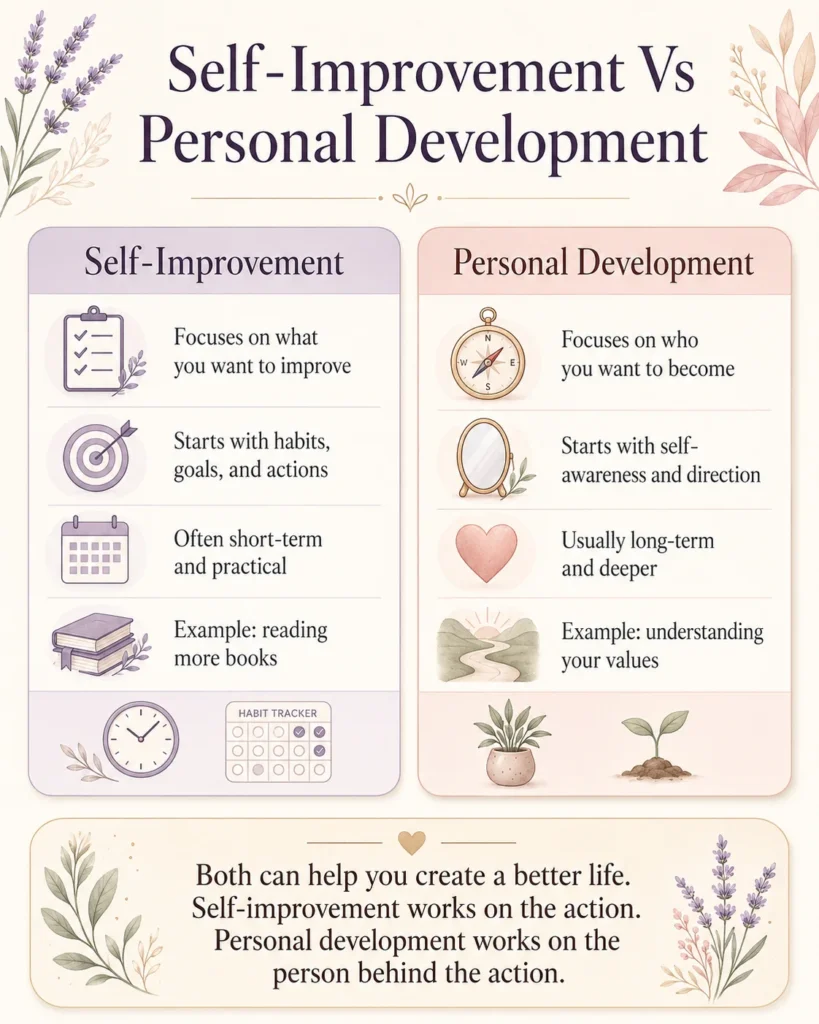 Self-Improvement Vs Personal Development infographic comparing self-improvement habits, goals, and actions with personal development self-awareness, values, and long-term growth.