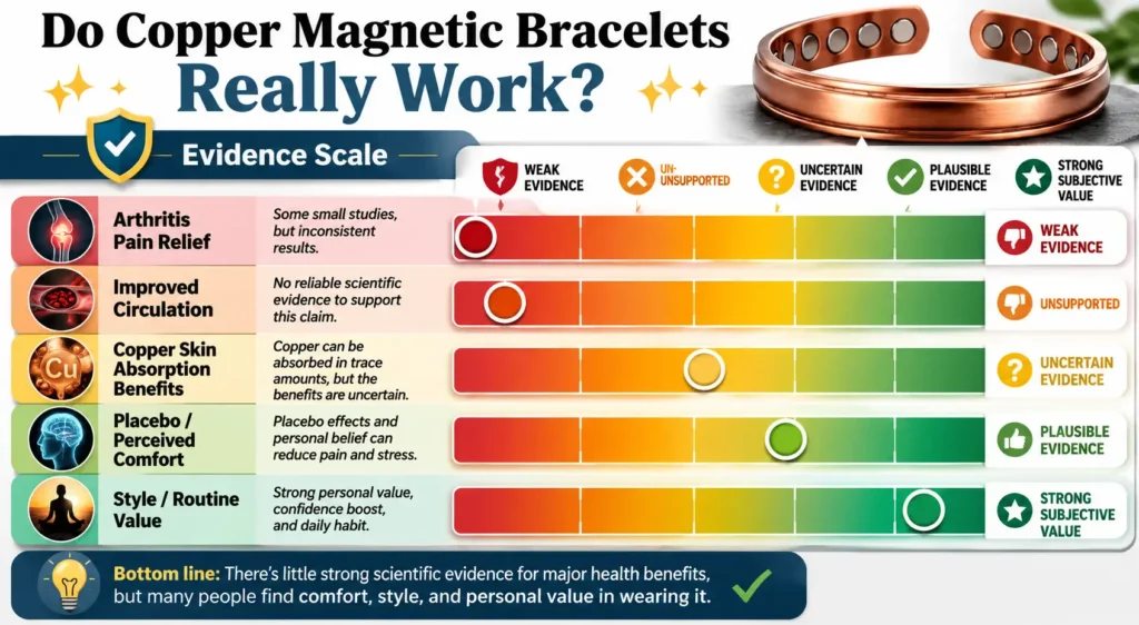 Infographic showing scientific evidence for copper magnetic bracelets, ranking arthritis pain relief as weak evidence, improved circulation unsupported, copper absorption uncertain, placebo comfort plausible, and style value strongly subjective.