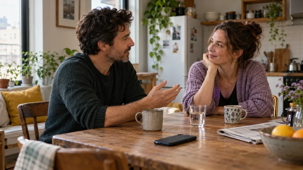 A couple talks at a wooden kitchen table over coffee while a smartphone lies face down between them.