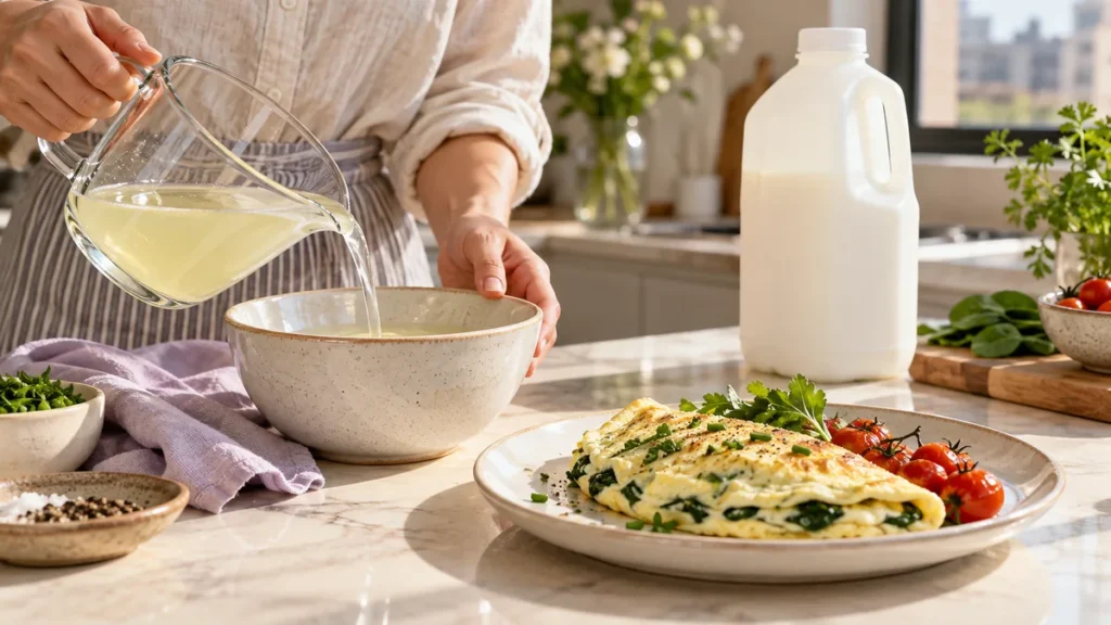 Egg Whites International Review: Nutrition, Cost and What to Know 11 Liquid egg whites are poured from a glass pitcher into a bowl next to a carton and a spinach egg white omelet with cherry tomatoes.