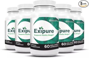 Exipure Weight Loss: Life-Changing Results Proven by Science 3 a group of white bottles with green text