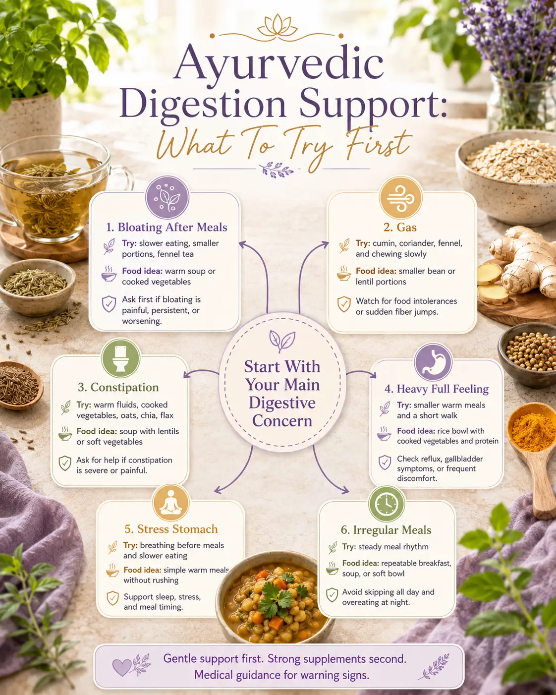 Ayurvedic digestion support guide showing gentle first steps for bloating, gas, constipation, heavy meals, stress stomach, and irregular meals