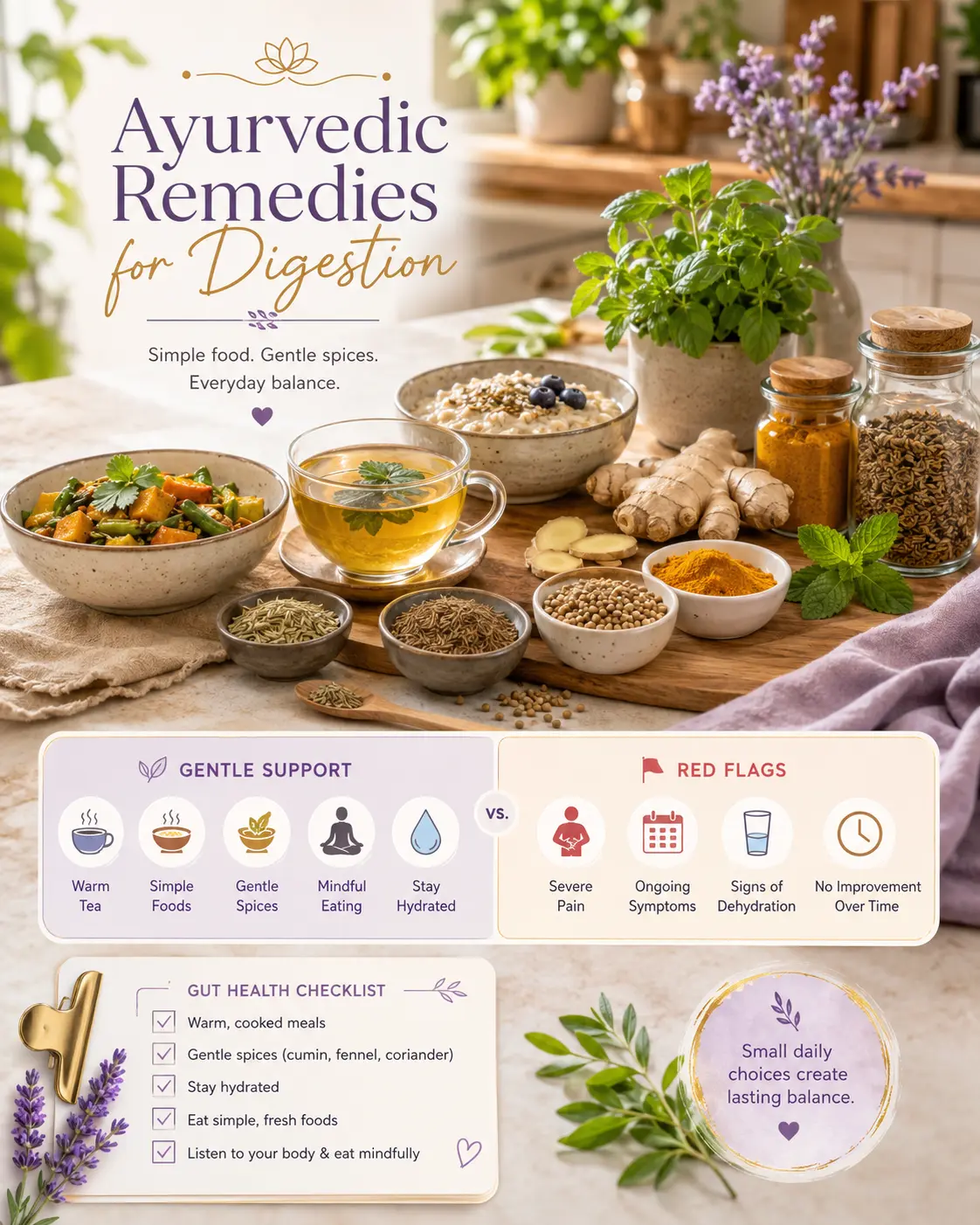 Ayurvedic digestive wellness guide comparing gentle digestion rituals with supplement safety red flags