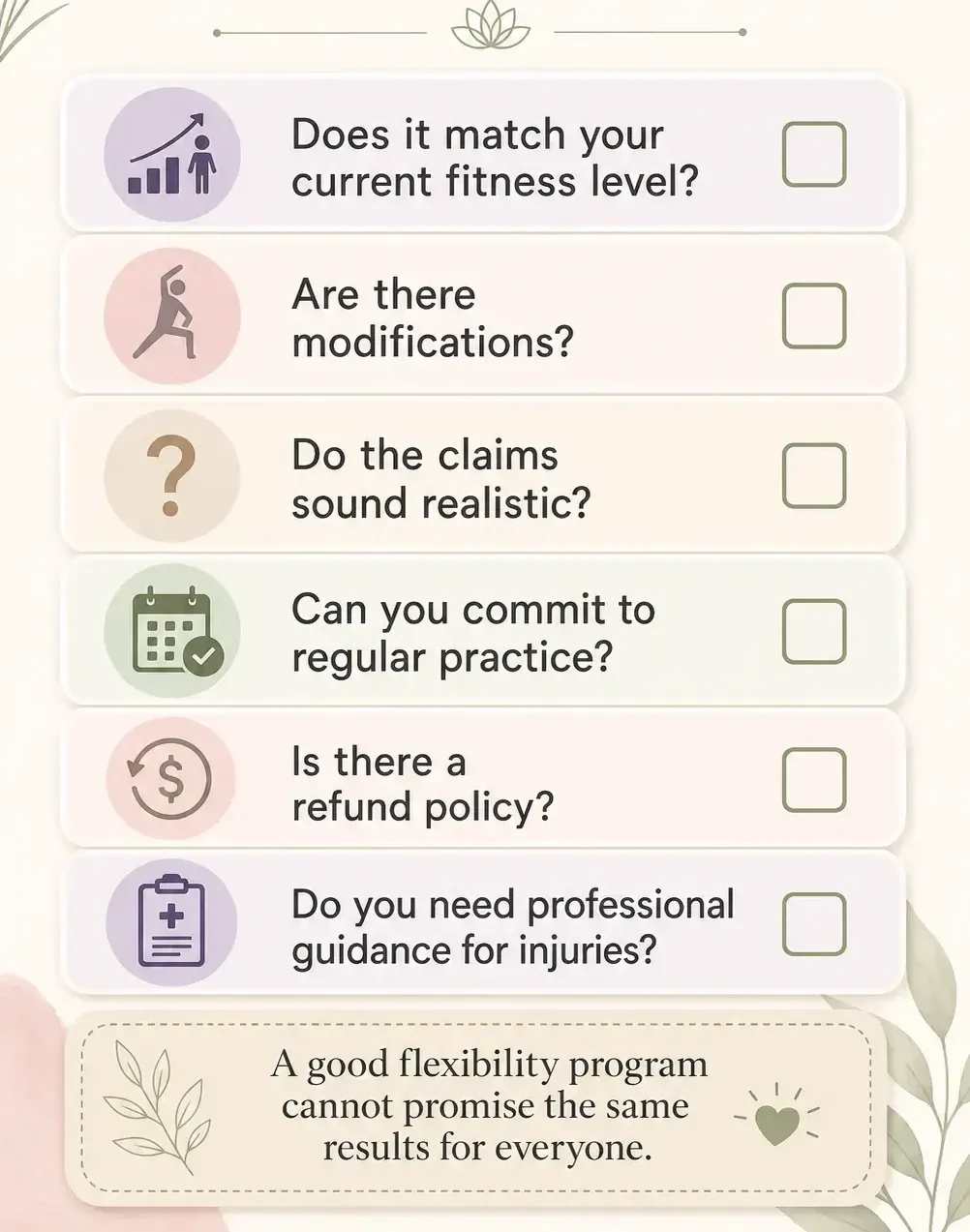 Before you buy Hyperbolic Stretching checklist infographic with questions about fitness level, modifications, claims, consistency, refund policy, and injury guidance