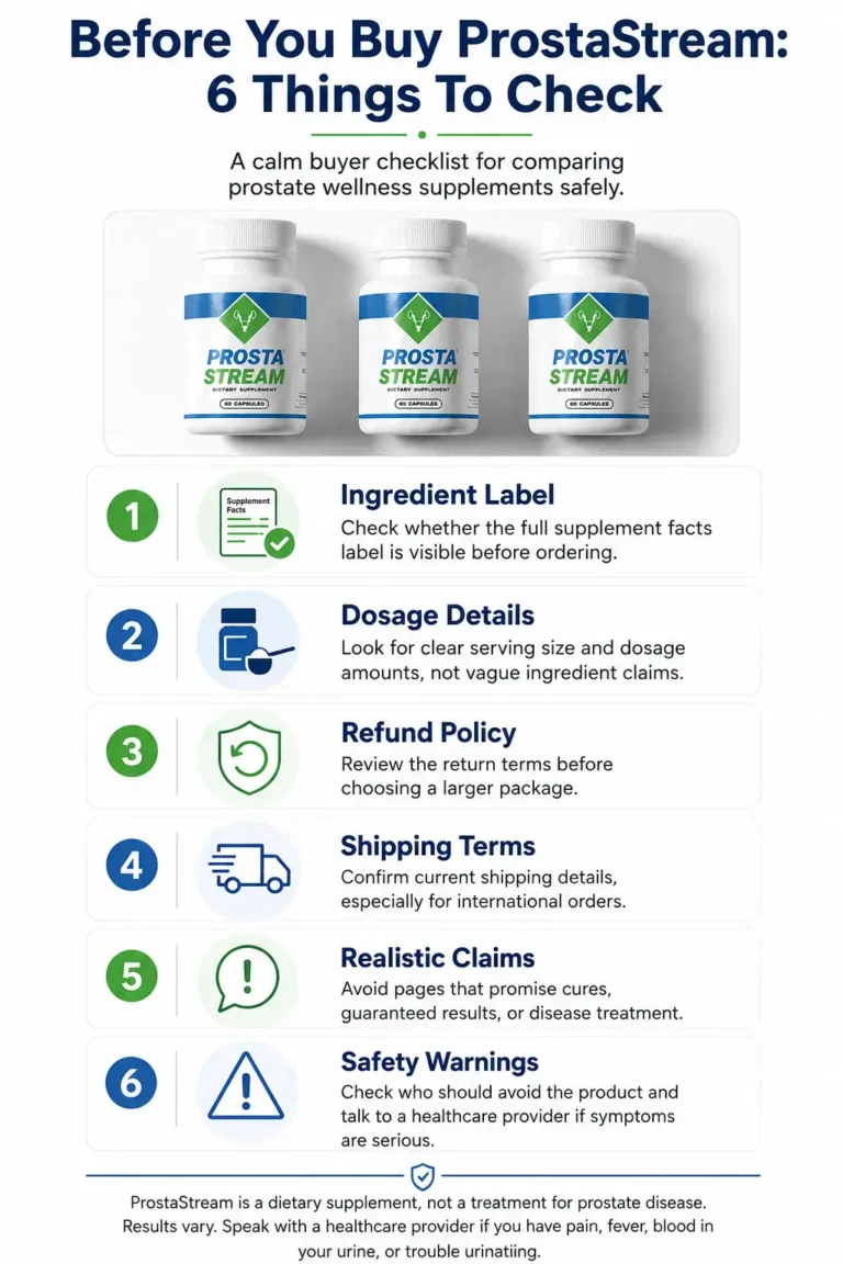 Infographic titled Before You Buy ProstaStream: 6 Things To Check, showing a buyer checklist for comparing prostate wellness supplements safely.