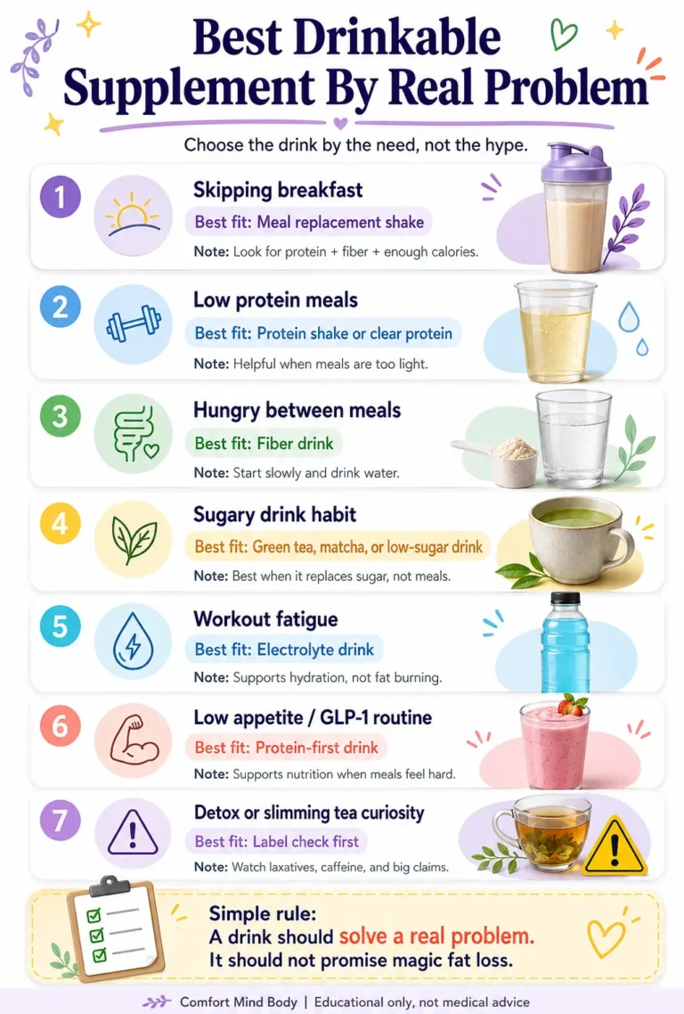 Best drinkable supplements by real problem infographic showing protein drinks, fiber drinks, meal replacement shakes, green tea, electrolytes, and detox drink cautions