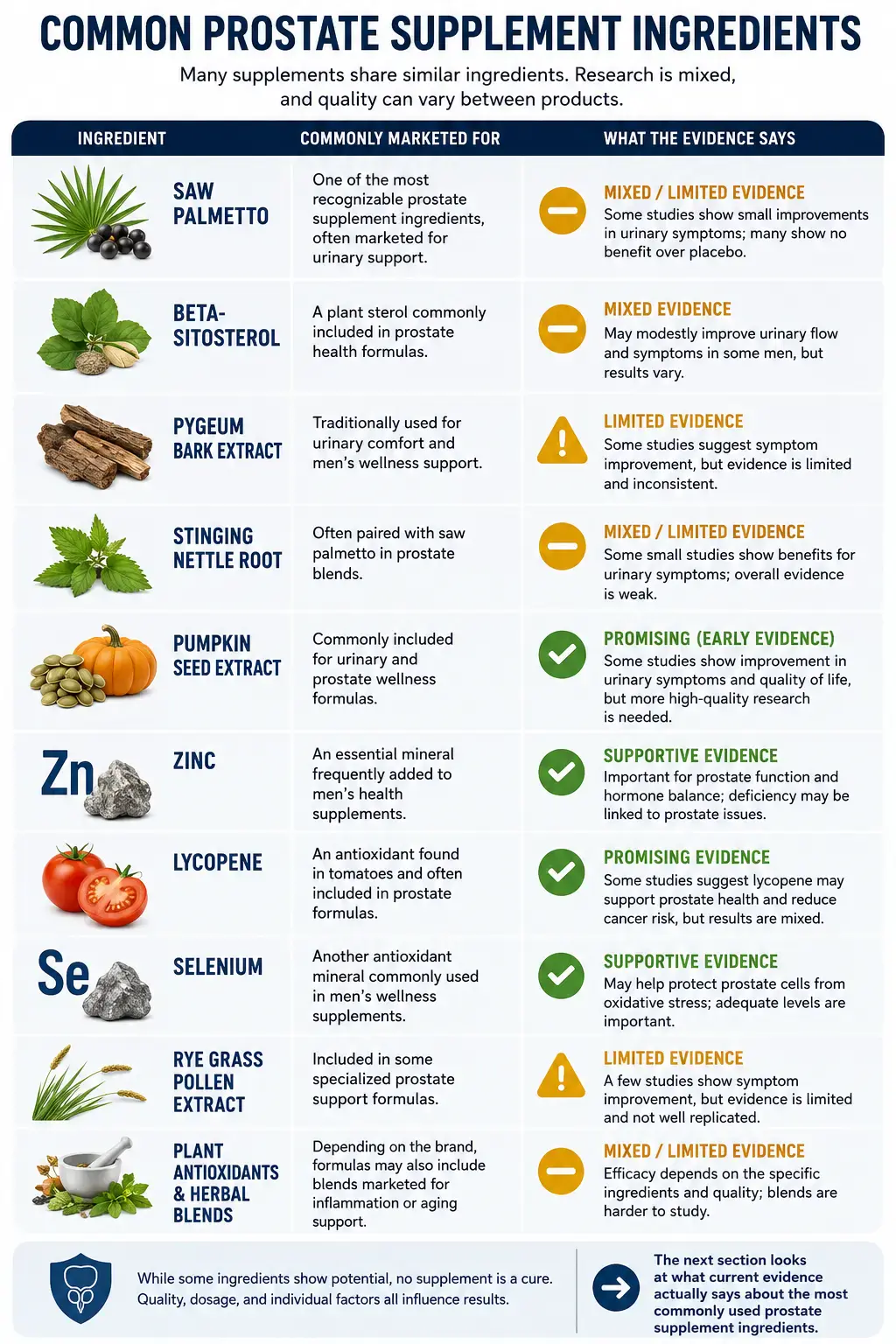 Common prostate supplement ingredients chart