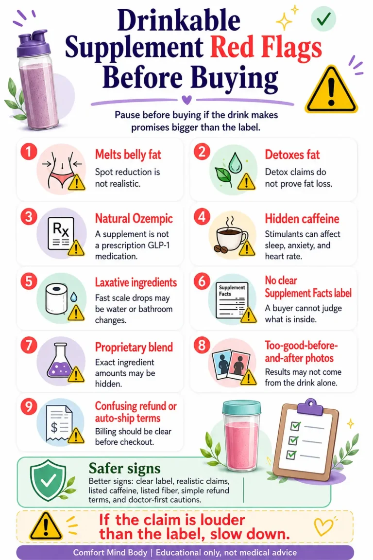 Drinkable supplement red flags infographic showing warnings for detox claims, natural Ozempic promises, hidden caffeine, laxatives, unclear labels, and refund issues