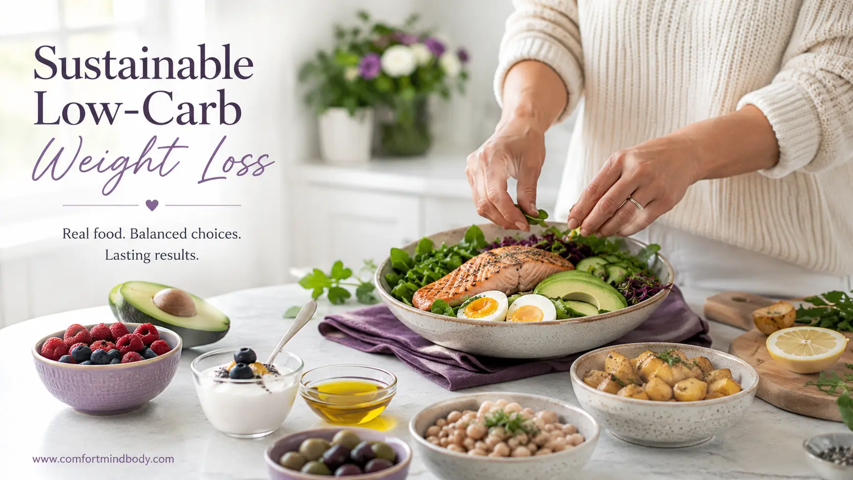 Low-Carb Diet For Weight Loss: A Safe, Sustainable Guide 2 Balanced low-carb meal with salmon, eggs, leafy greens, avocado, berries, Greek yogurt, olive oil, beans, and roasted potatoes on a bright kitchen counter.