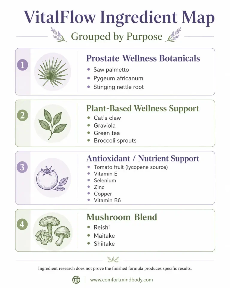 VitalFlow ingredient map showing prostate wellness botanicals, plant-based nutrients, minerals, and claims safety notes