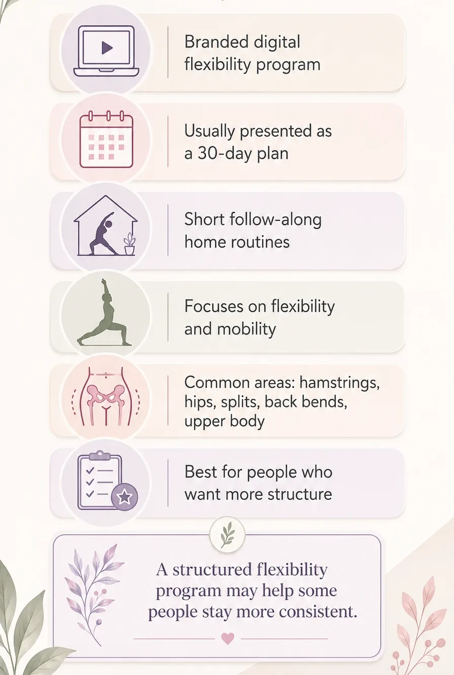 What is Hyperbolic Stretching infographic explaining the digital flexibility program, home routines, mobility goals, and structured stretching plan