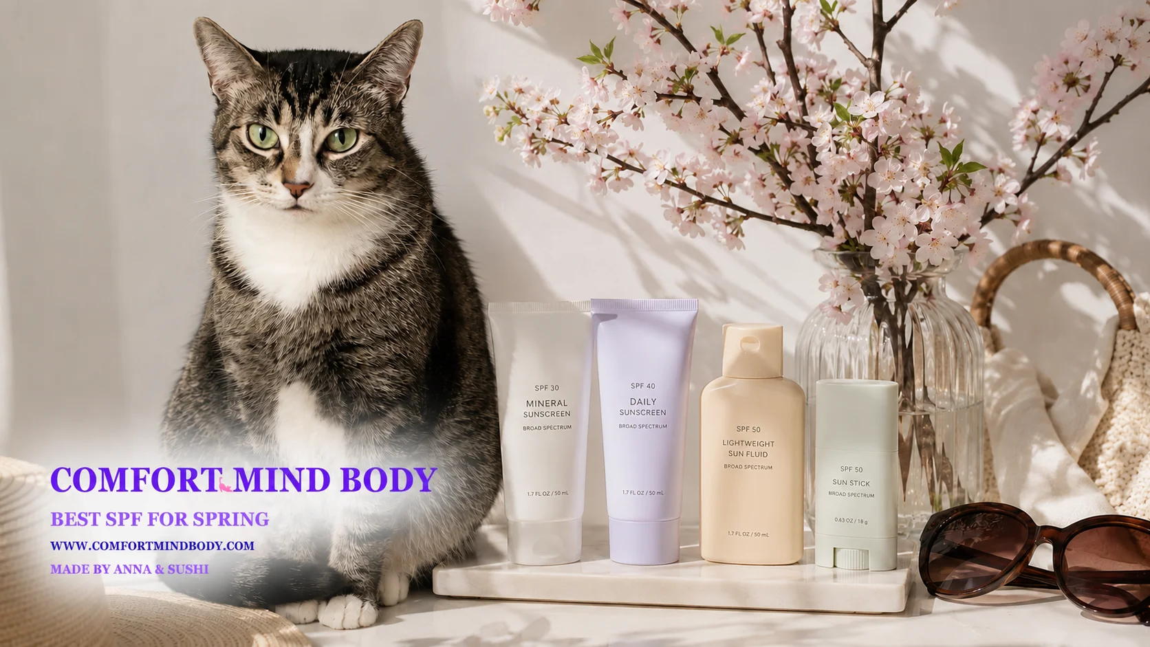 Spring SPF products arranged beside flowers, sunglasses and a cat