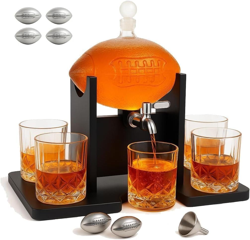 Football-shaped whiskey decanter set.