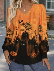 MODLILY® Halloween Orange Tuck Stitch Long Sleeve T Shirt