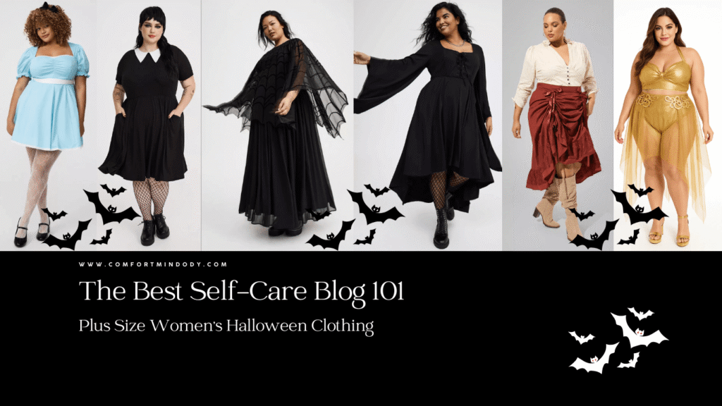 Plus size women modeling trendy Halloween costumes including storybook, gothic, witch, steampunk, and goddess outfits for 2025, featured on Comfort Mind Body self-care blog with bat graphics