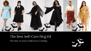Outfit Ideas 221 Plus size women modeling trendy Halloween costumes including storybook, gothic, witch, steampunk, and goddess outfits for 2025, featured on Comfort Mind Body self-care blog with bat graphics