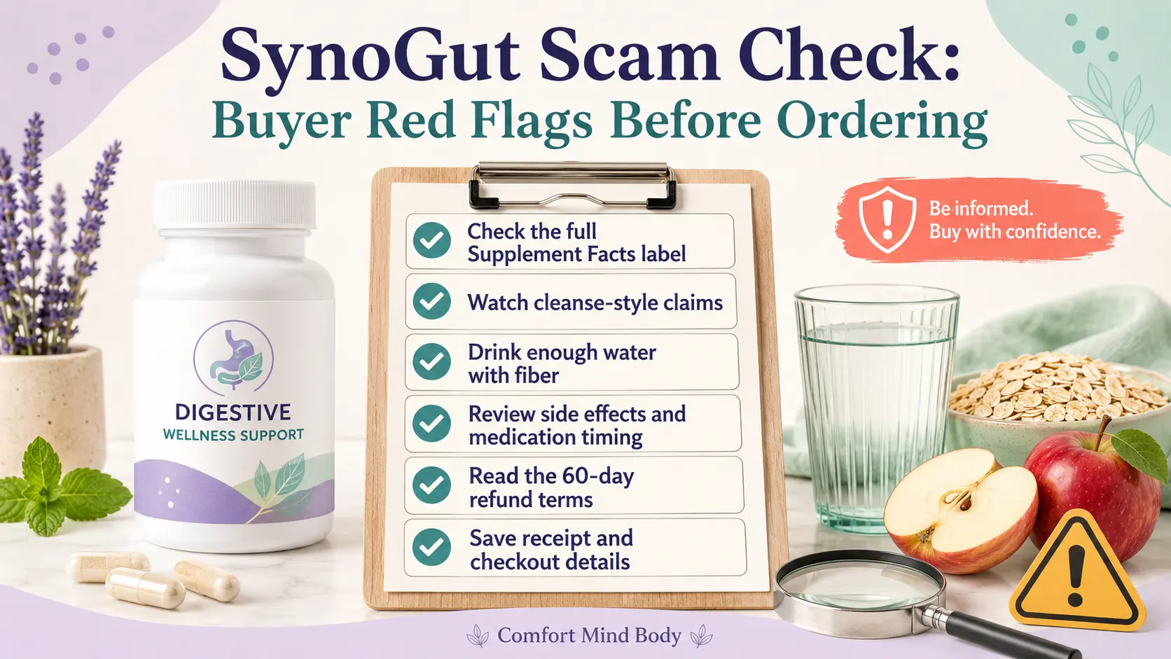 SynoGut scam check buyer red flags infographic with supplement label checks, cleanse claim warnings, fiber water reminder, side effects, refund terms, and checkout safety