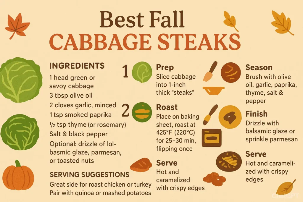 Infographic of the best fall cabbage steaks recipe showing ingredients, step-by-step roasting instructions, and serving suggestions with autumn design accents.