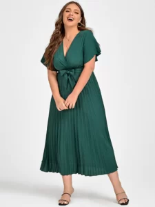 Plus Green Ruffle Sleeve Elastic Waist Midi Dress