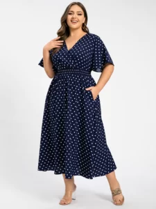 Plus Polka Dot Crisscross V-Neck Elastic Maxi Dress