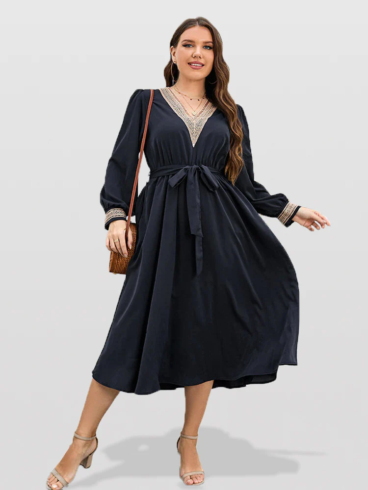 Curvesoul blue eyelet-lace wrap plus-size spring event dress in a midi length