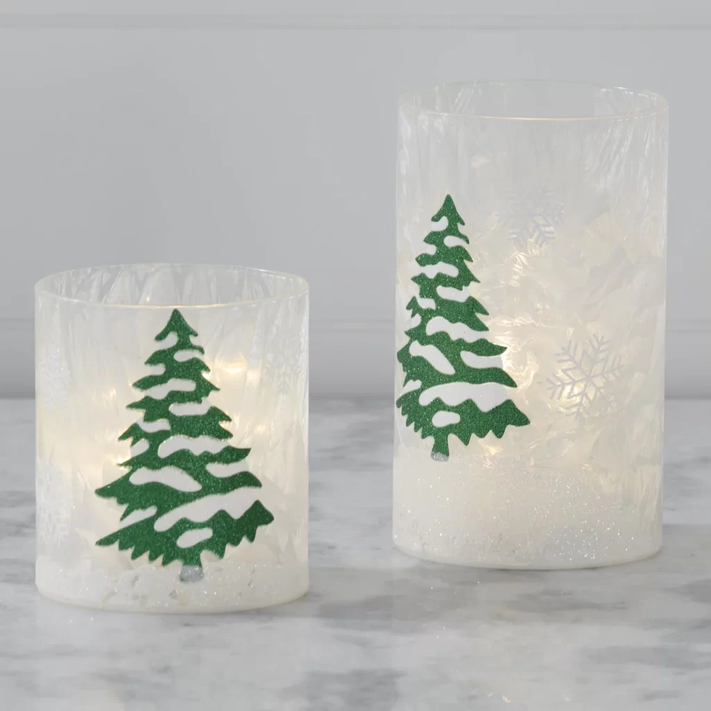 Green Trees and Snowflakes LED Cylinder 2-pc Set w/Timer