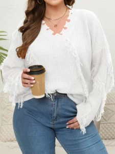 Long Sleeves Loose V-neck Sweater Tops Pullovers