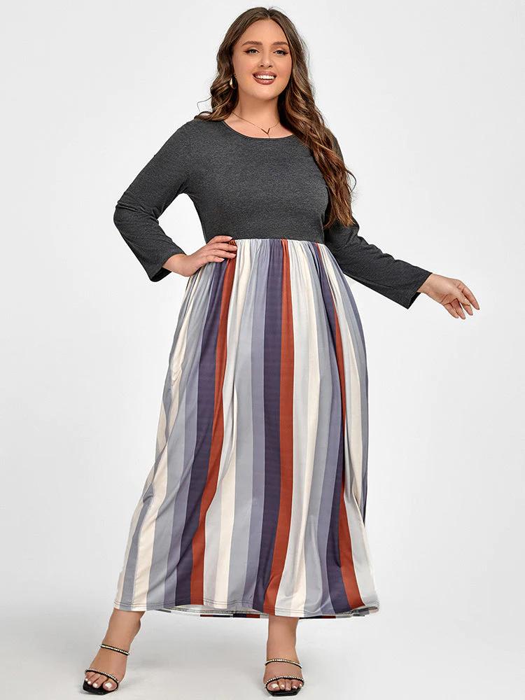 Colorblock striped plus-size patchwork maxi dress with pockets