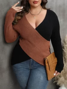 Plus Size Deep V-Neck Sweater Tops Pullovers