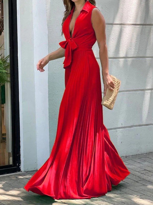 Long Red Solid Color Maxi Dresses