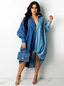 Denim Drawstring Patchwork Shirt Dress