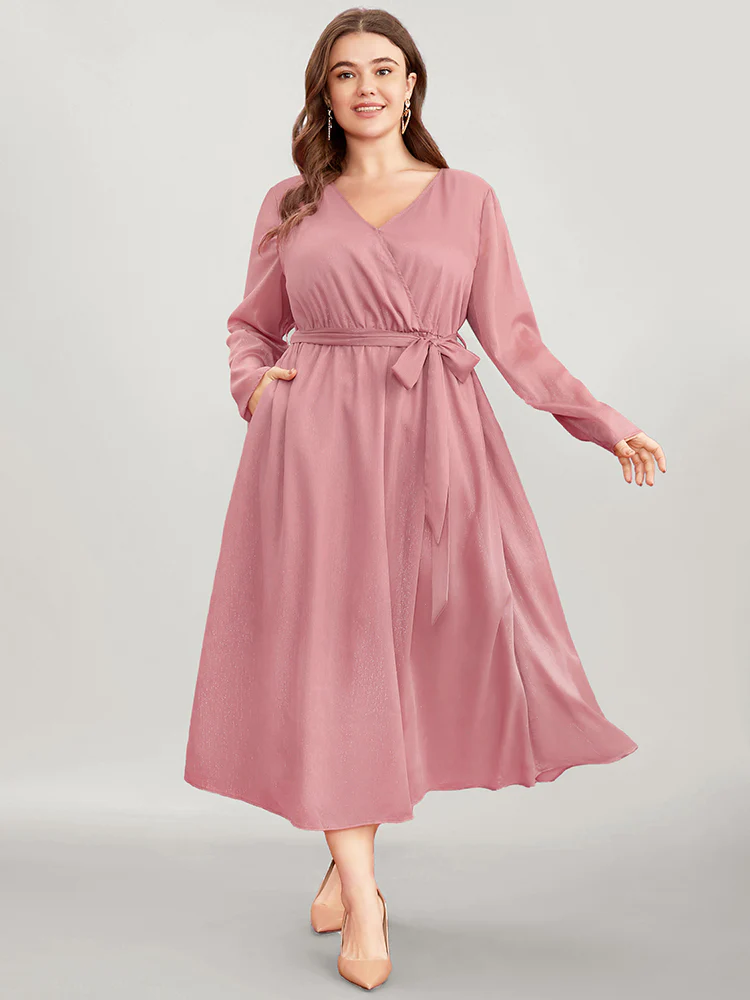 Solid Pocket Belted Surplice Neck Midi Dress, Plus Size Summer Outfits