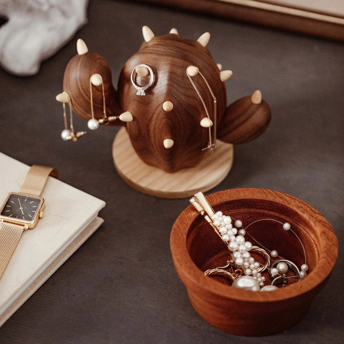 Spiny cactus jewelry hanger with a storage box.