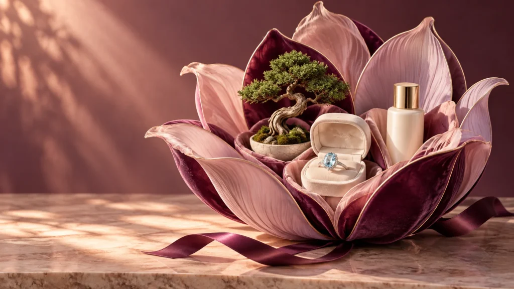 Pink flower-shaped gift arrangement holding a jewelry box, perfume bottle, and greenery.