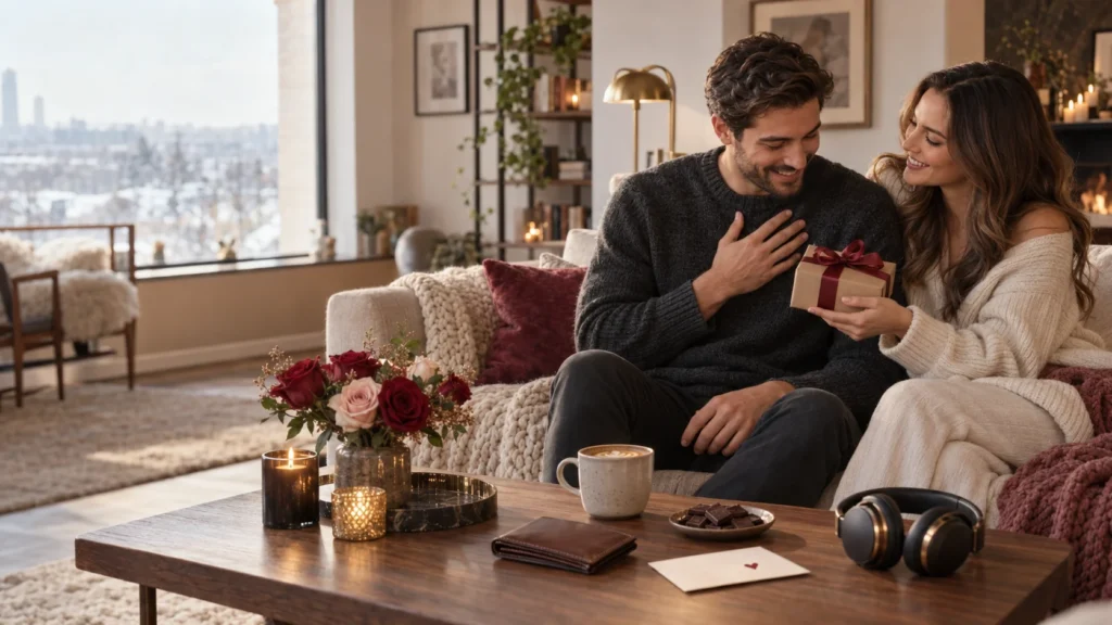 A couple exchanging a wrapped gift in a cozy living room with coffee, flowers, chocolates, a wallet, and headphones nearby.