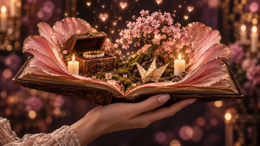 1. Open storybook with pink flowers, candles, a jewelry box, and an origami bird.
