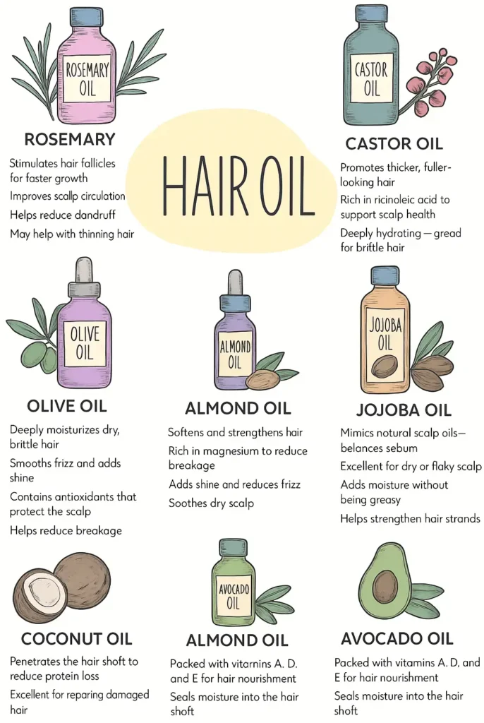 A pastel hand-drawn infographic titled ‘Hair Oil’ featuring illustrated bottles of rosemary, castor, olive, almond, jojoba, coconut, and avocado oils. Each oil is paired with small botanical drawings—leaves, nuts, seeds, or fruit—and short bullet-point benefits such as hair growth, moisture, scalp health, shine enhancement, and breakage reduction. Soft yellow shapes sit behind the central title, with each oil arranged in a clean circular layout around it.