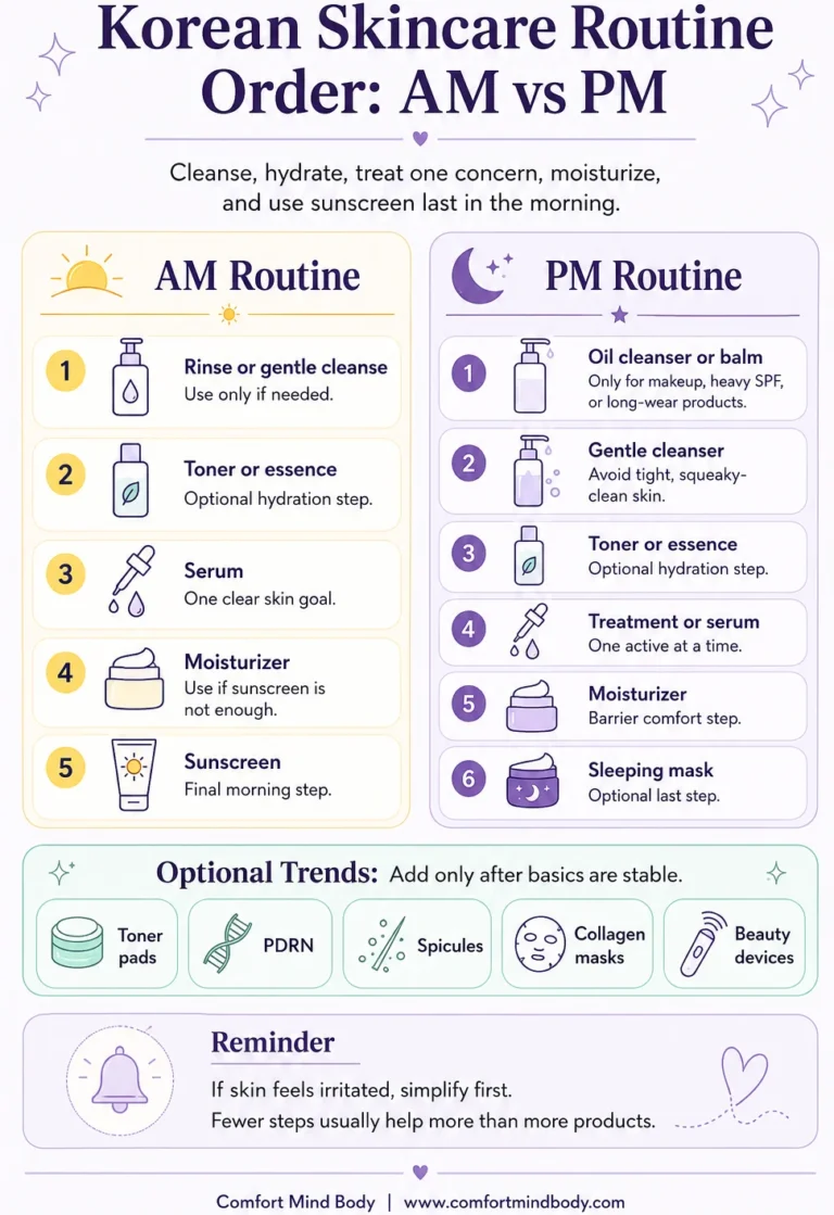 Infographic showing Korean skincare routine order for AM and PM, including cleanser, toner or essence, serum, moisturizer, sunscreen, optional sleeping mask, and trend add-ons after basics are stable.