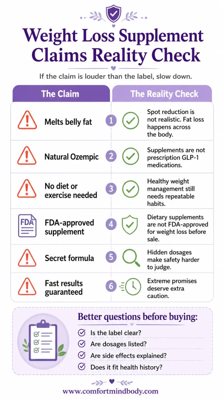 Best supplement type by weight loss struggle infographic matching common struggles like skipping meals, hunger, workouts, sugary coffee, fat burners, and GLP-1 curiosity with safer supplement considerations