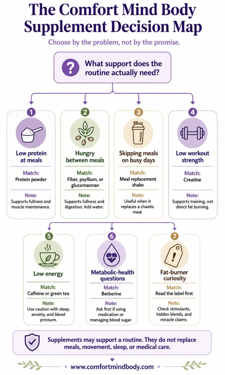 Comfort Mind Body supplement decision map infographic showing how to choose a supplement by the real routine problem, including protein powder, fiber, meal replacement shakes, creatine, caffeine, green tea, berberine, and label checks