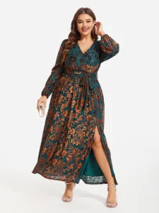 Floral Print Belted Split Wrap Velvet Maxi Dress