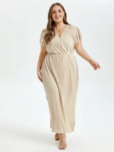 Solid V-Neck Flutter Sleeve Slit Maxi Dress