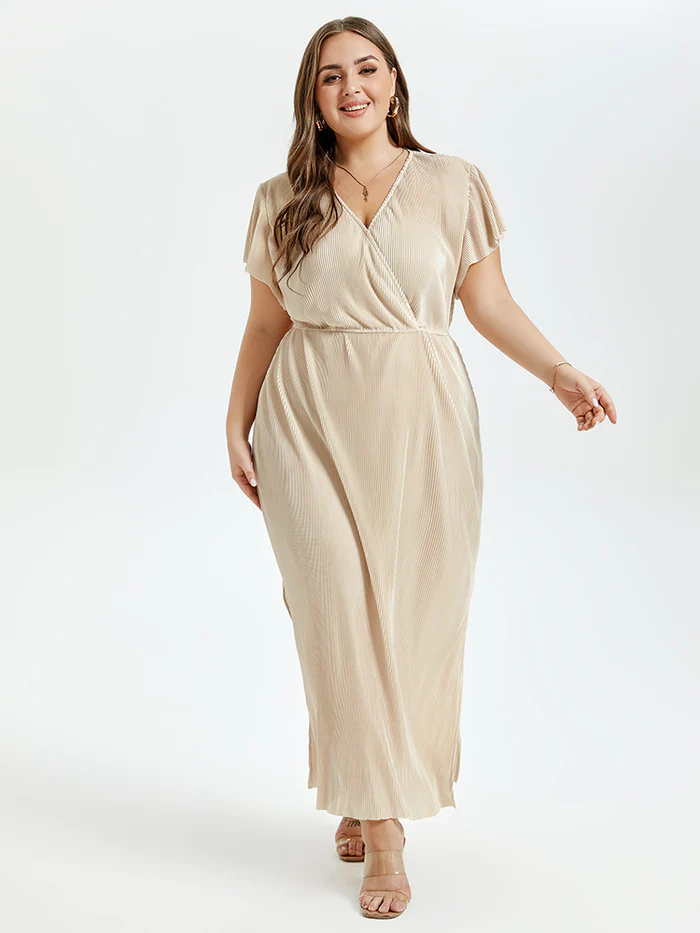 Solid V-Neck Flutter Sleeve Slit Maxi Dress