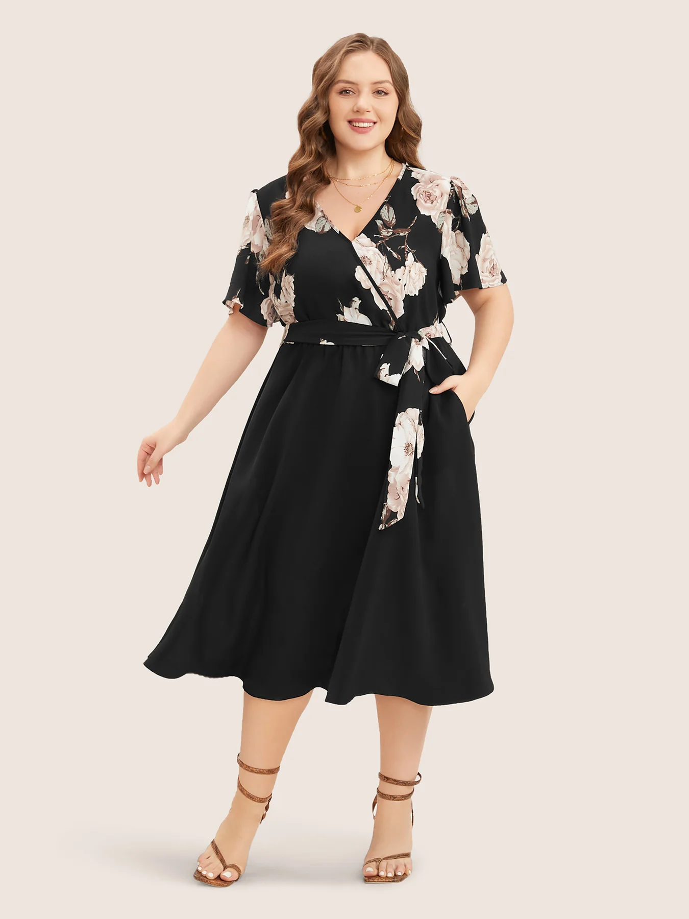 Plus Floral V-Neck Crisscross Lantern Sleeve Knot Side Maxi Dress