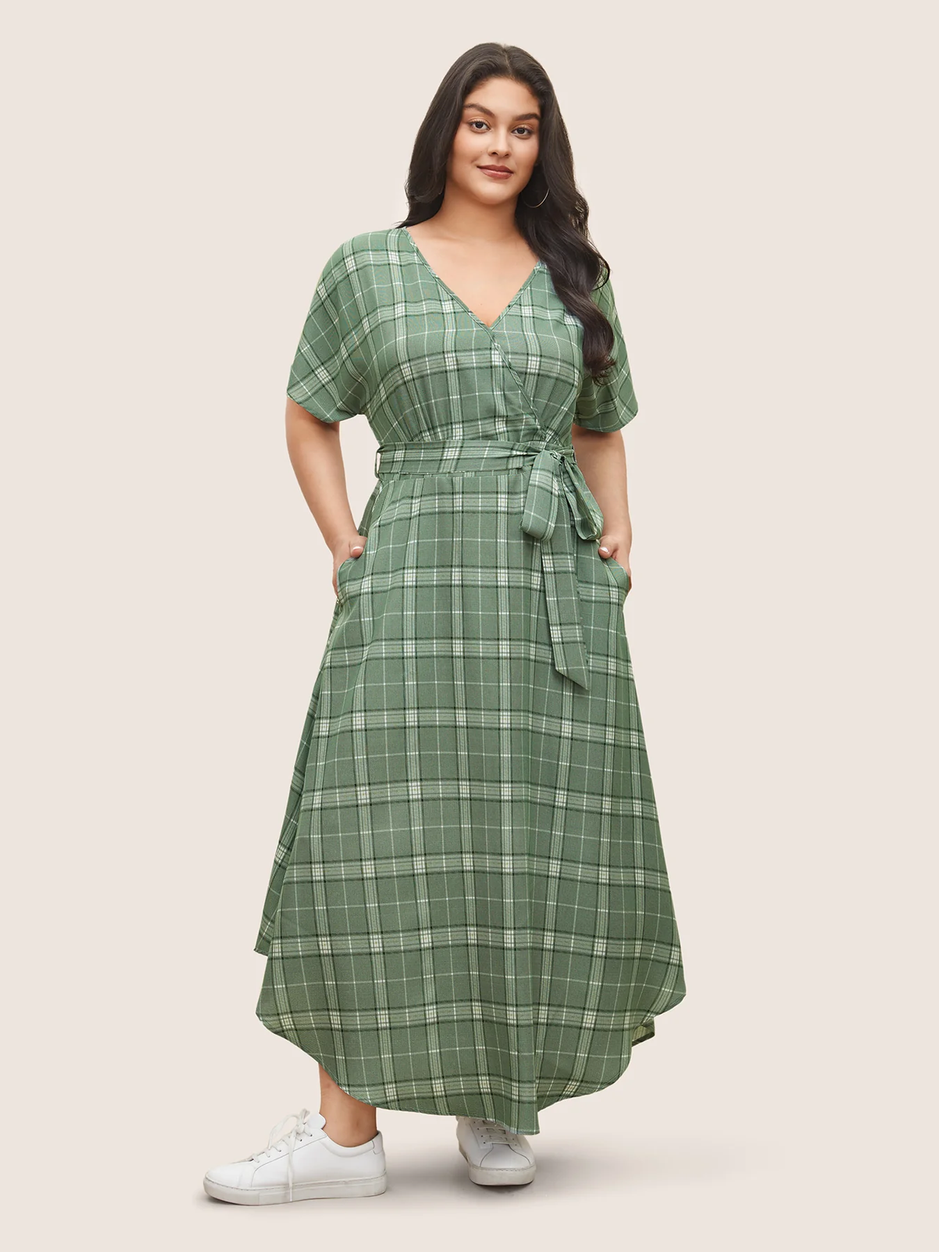 Plaid Surplice Neck Pocket Curved Hem Dress Regular price, bloomchic plus-size dresses